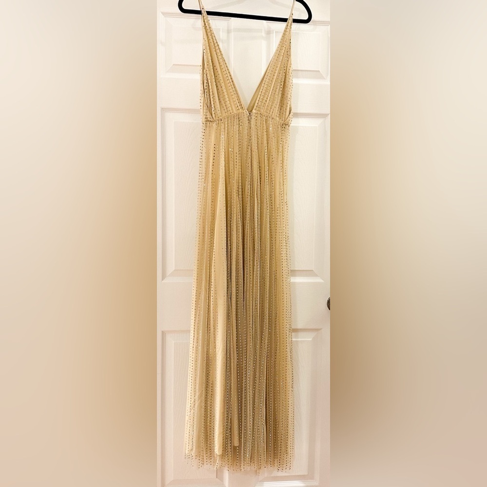 Revolve Divine Heritage Crystal Embellished Mesh Maxi Dress Gown Nude sz Medium - Picture 10 of 10